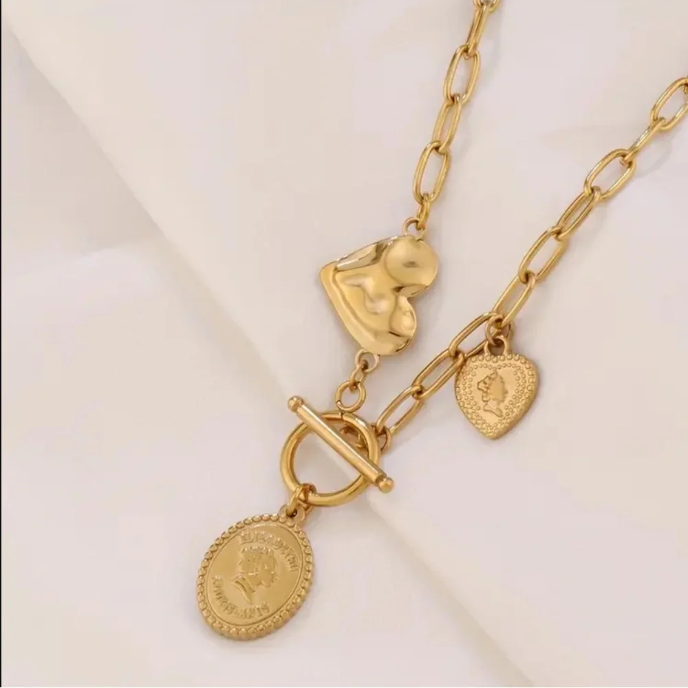 Stainless Steel Vintage Coin & Heart Charm - Golden-Tone 3-Pendant Layered Chain - Picture 2 of 4